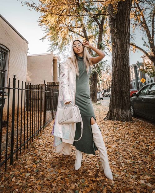 Anchyi in an Epoque Evolution dress and Zara boots  