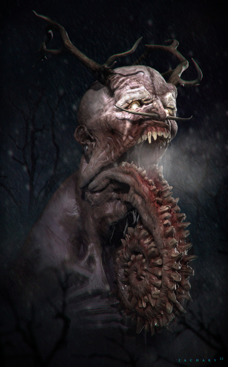 postapocalypticflimflam:  siryl:Antlers are an overwhelmingly common feature of Wendigos in modern fantasy art.  This interpretation by Zachary Berger follows suit, but adds a unique feature: the lower jaw of the extinct cartilaginous fish Helicoprion.