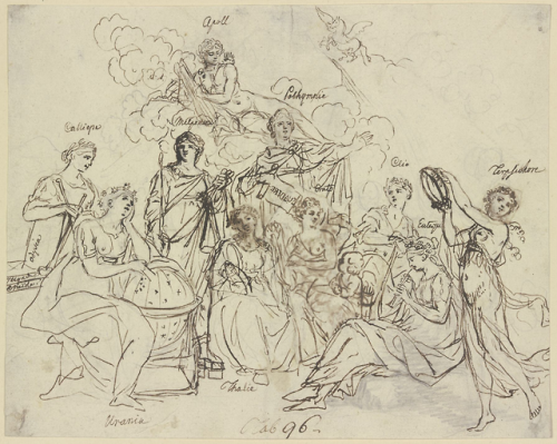 godapollon:Apollo and the Muses18th centuryDaniel ChodowieckiPen in brown over gray pencil on transp
