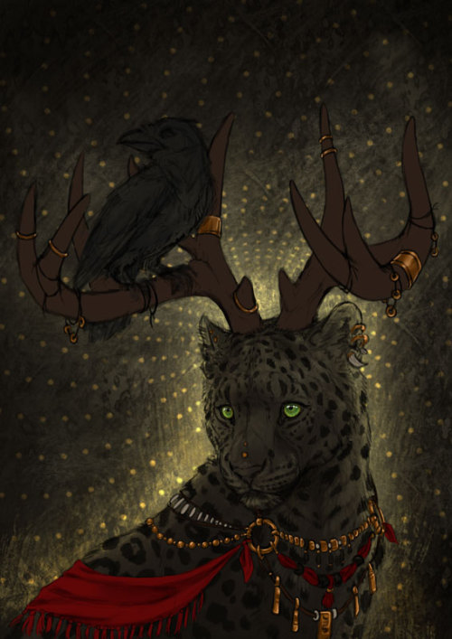 deyvarah:  WIP of a painting I’m working on to sell as print. Sort of a companion piece to The Mountain Sage …because big cats with antlers <3