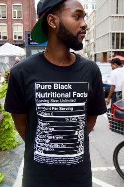 pretnoirnwa:  slobunni:  blackfashion:  Wearing: Pure Black Nutritional Facts Tee Branford, 23, Philadelphia  Instagram/Twitter: @branfire Photo by @sjr0b - IG/Twitter   Omg. Where can I find this shirt?  This shirt is fire lemme get one in black and