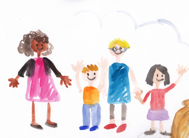 a childish watercolor rendering of four stick figures - two adult women, one with brown skin and a dress, one with blonde hair and white skin, and two light skinned children