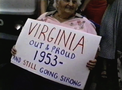 virginia, an elder lesbian who came out in 1953, participating in the new york city dyke march, june