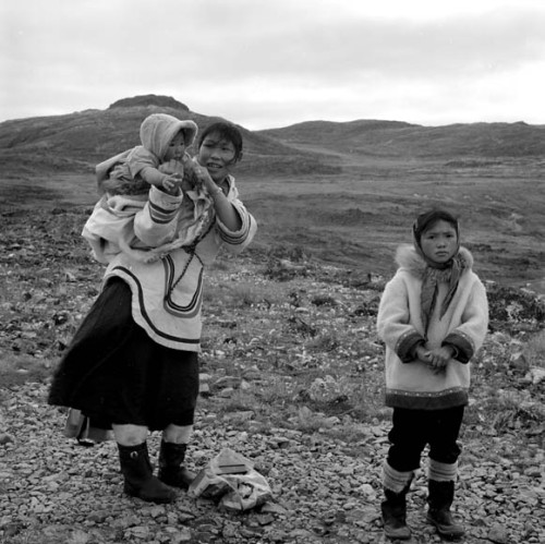maybeedmonton:Uksawalli and her baby and an unidentified girl on their way to church, Cape Dorset (K