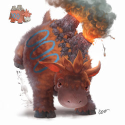 youngjusticer:  バクーダ, the “eruption” Pokemon, is 6’3” and weighs 485 lbs. “Camerupt” is a combination of camel + erupt. It is essentially a Bactrian camel with volcanoes on its back instead of humps. Its body contains molten lava of