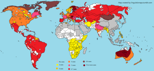 linguisticmaps:Number of personal pronouns’ casesExamples: English: nominative (I), obliq