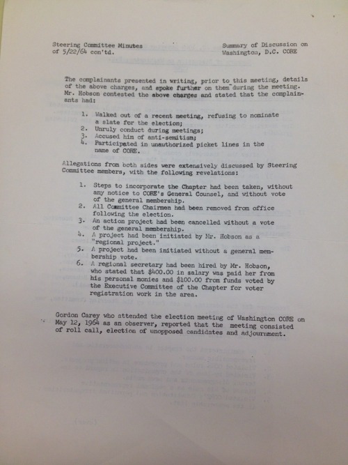 DC CORE Steering Committee Meeting Minutes On The Expulsion Of Julius Hobson, May 22, 1964