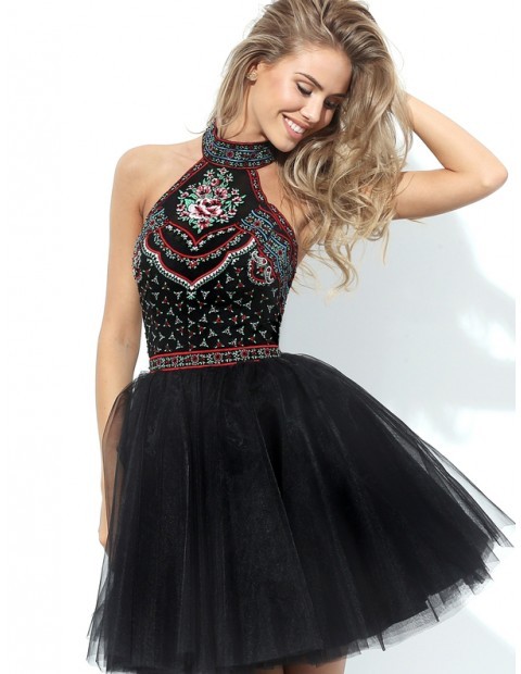hotpromdresses:Showcasing a halter neck bodice embellished with multi-colored, patterned embroidery,