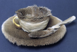 dks1293: Object, 1936, Meret Oppenheim, fur-covered cup, saucer, and spoon said to have been done in response to picasso’s claim that anything looks good in fur, a combination of unlike objects: a fur covered teacup, saucer, and spoon.  