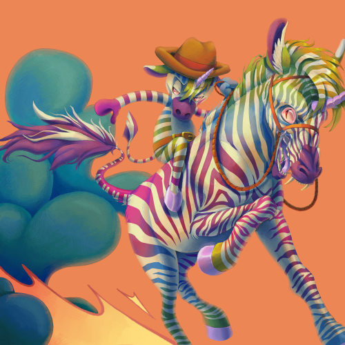 An illustration of two rainbow-coloured zebra unicorns; one is drawn in a cartoon style wearing a hat and a belt and holding onto a rope attached to the other zebra that it's riding. The second zebra is drawn in a realistic style and appears monstrous with big canine-like teeth. Behind them is a cloud of blue smoke and a solid orange background
