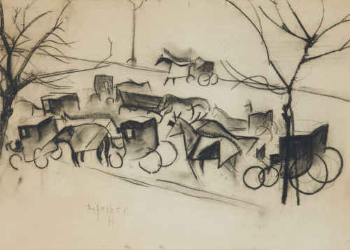 thunderstruck9:Hugo Scheiber (Hungarian, 1873-1950), Les fiacres. Charcoal on paper, 27 x 38 cm.