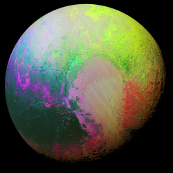 just–space:  Psychedelic Pluto : New Horizons scientists made this false color image of Pluto using a technique called principal component analysis to highlight the many subtle color differences between Plutos distinct regions.  js