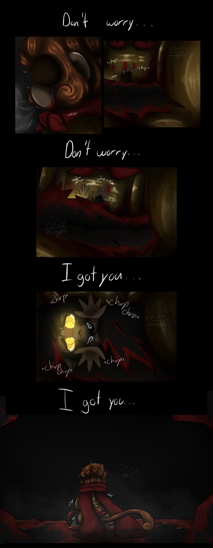 Wukong holds a crying chirping cub, the air is cold and fog is surrounding them. He doesn’t know what happened, he’s covered in blood, bodies surround him and blood pools below his knees. The cub keeps crying, Wukong only consoles him. “Did I do this?” He thinks…