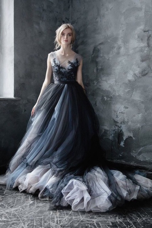 miss-mandy-m:Dark tulle gown with embroidered lace top byMywonyBridal