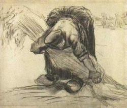 vincentvangogh-art:    Peasant Woman, Picking Up a Sheaf of Grain  1885  Vincent van Gogh  