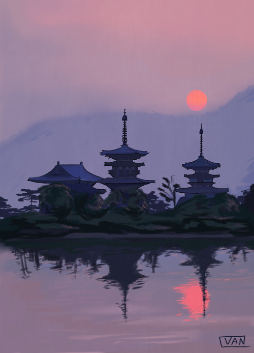 Background practice // Yakushiji at Sunset // Now in my Society 6