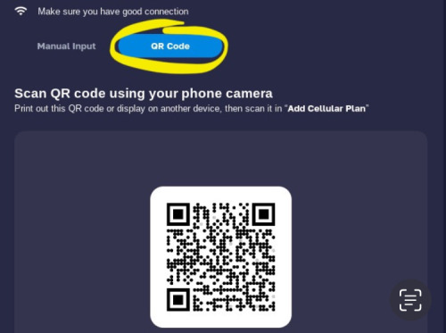 "QR code" button toggled, with QR code at the bottom of the screen.