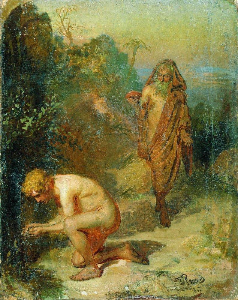 artist-repin: Diogenes and the boy, 1867, Ilya RepinSize: 47.5x60 cmMedium: oil,