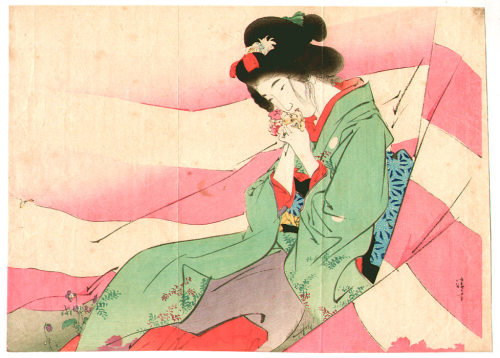 Bijin in pink and white curtain ,1903Kiyokata Kaburagi