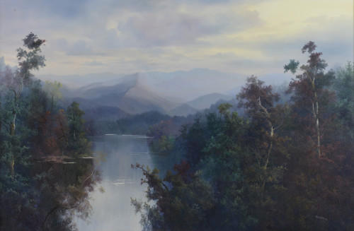 Mountain Lake SceneRon Williams (American, 1947–2016)Oil on canvas, 100.3 x 151.13 cm.Private Collec