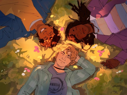 Fanart depicting Percy, Annabeth, and Grover from the TV adaptation of the Percy Jackson books, smiling and lying down together on a patch of grass.