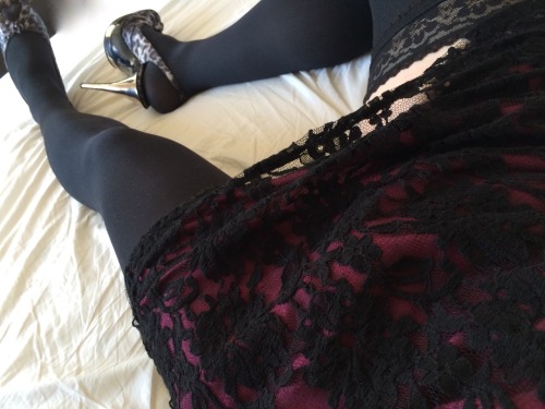 plikespanties:Red Satin…..  New & (hopefully!) improved pics in my favourite lingerie set. Deep red satin trimmed with black lace. I feel insanely sexy when I’m wearing this, especially under my lacy dress, with opaque stockings & slightly