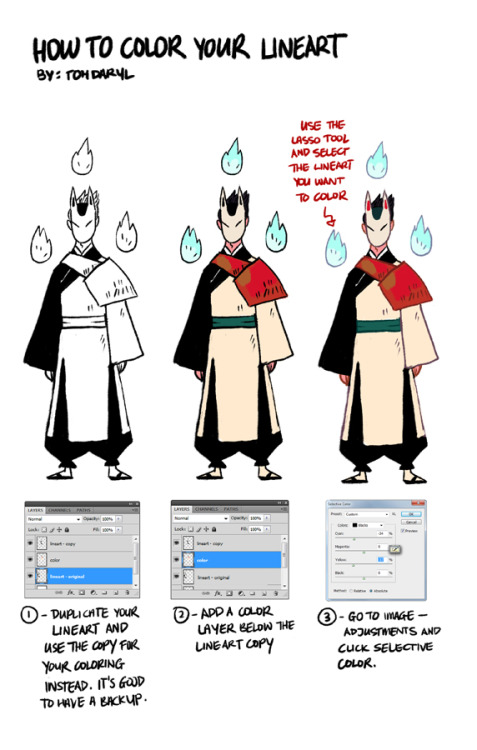 everydaycomics:  How to color your lineart © Daryl Toh Liem Zhan 2014.  Decided redo my art tutorial strip for this week’s topic in EDC. And yes, that’s Fox Mask Man in his new outfit inspired by Shinto and Komuso monks in Japan. 