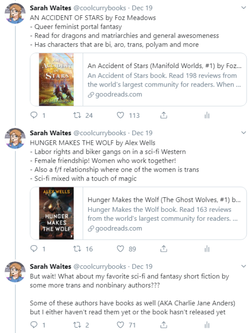 coolcurrybooks:Screenshots from my Twitter thread recommending science fiction and fantasy stories