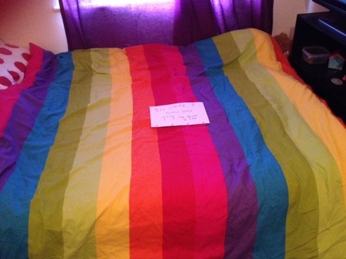 leader-of-standing-purgatorians:  princess-romanova:  So I hadn’t yet come out to my mum and today I got home to see that someone had changed the cover on my bed to this  And then I saw that they left a note on the bed, so I went over to take a look