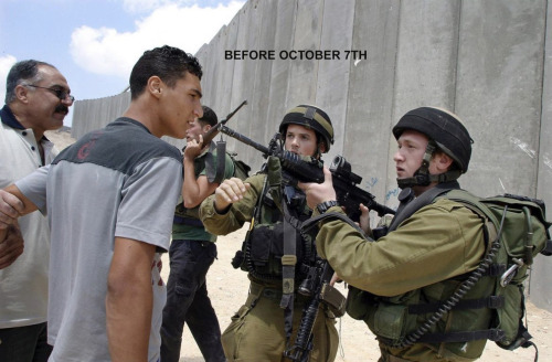 Soldiers hold rifles in a young man's face. Another man holds him back. Text on image reads: 'BEFORE OCTOBER 7TH'