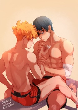 reallycorking:I got to collab with @craziiwolf on some kagehina!  We had so much fun aaah :D Cass did the color and I did the lines!