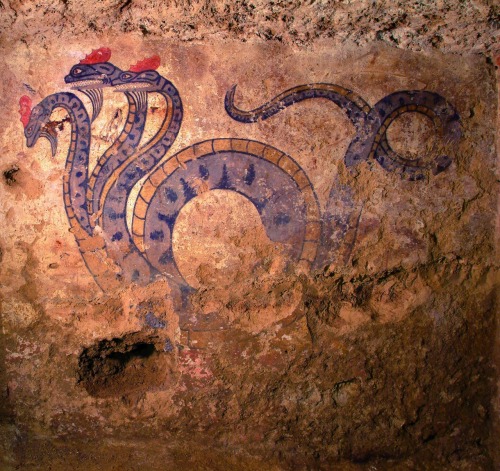 historyarchaeologyartefacts:Three headed dragon wall painting from an Etruscan tomb at the necropoli