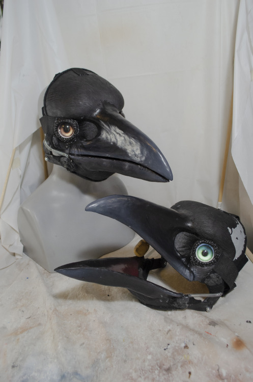 A pair of commissioned crow masks! Green belongs to @beakybirds on twitter, brown belongs to @paleo_