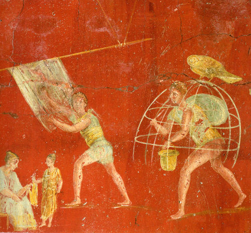 fyeah-history:Roman fresco depicting workers at a fullonica of Veranius Hypsaeus in PompeiiA fullo w