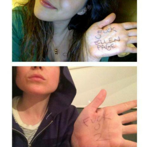aullidosalalunallena:  Una chica le mandó una imagen a Ellen Page en la que aparecía escrito en su mano “Que te den, Ellen Page”. Ellen vio la imagen e imitándola, escribió en su mano: “Que te den a ti también”.