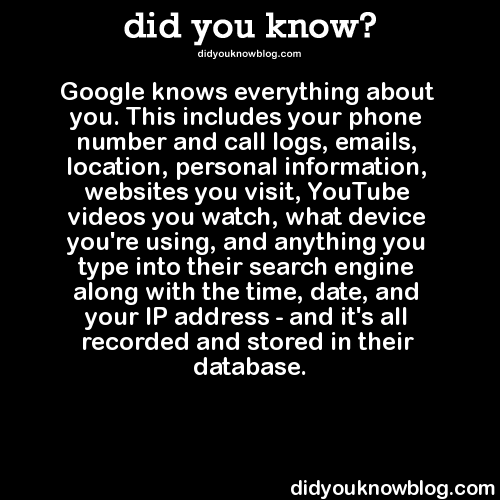 did-you-kno:  Google knows everything about you. This includes your phone number and call logs, emails, location, personal information, websites you visit, YouTube videos you watch, what device you’re using, and anything you type into their search engine