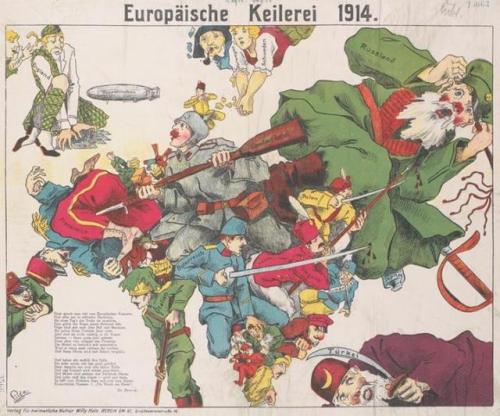 German propaganda poster from World War One.A map of Europe, with the boundary lines of each country