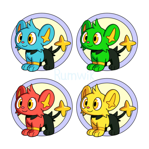 Some flavours of neo-kecleon, and neo-shinxes! I adjusted shinx’s original design to be a bit more n