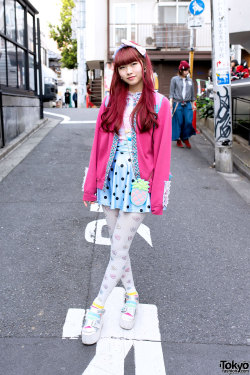 tokyo-fashion:  18-year-old Niha on the street in Harajuku wearing a Panama Boy lace-decorated sweater, candy tights &amp; a polka dot skirt from SPANK!, WEGO platform sandals &amp; a Little Mermaid backpack. Full Look 