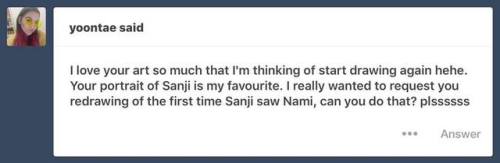 zoeychuannn: Oh I believe every time Sanji recalls his first time seeing(meeting) Nami, he remember