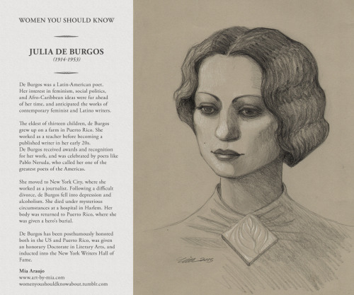 Julia de Burgos was a Latin-American poet. Her interest in feminism, social politics, and Afro-Carib
