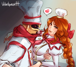 velvetqueenh:   SFW Version: Baker Pantheon and Barbecue Leona sketch.  Made in yesterday Picarto Tv stream. I love those skins, Thank you Riot ;A; 