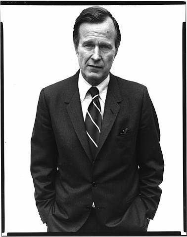 George H.W. Bush by Richard Avedon, sporting a sack suit, button-down shirt, regimental tie and same