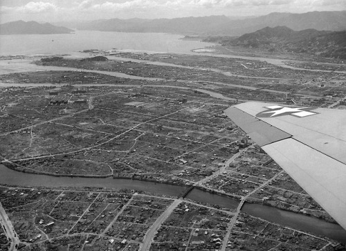 Aerial view of Hiroshima a year after the atomic blast (July 20th,1946).  Only some reconstruction h