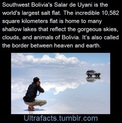 jzzby:  isaiahbush:  ultrafacts:  Source (Video of Salar de Uyuni) Follow Ultrafacts for more facts  Border between heaven and Earth  Man, imagine being the first person to ever discover this