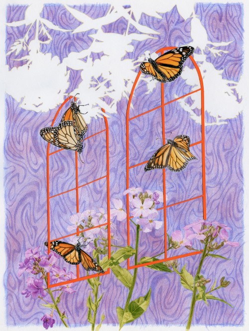 Mixed media artwork of dame's rocket, phlox, and monarch butterflies on a field of purple atmosphere