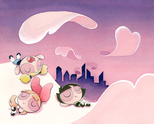 gracekraft:  The Day is SavedWatercolor, Gouache, Brush Pen8″ x 10″ My piece for the Powerpuff Girls art show happening at Cartoon Network!  I’ve always loved in the old series when the girls would relax on clouds (I think it only happened in Too