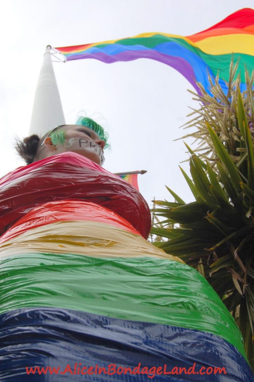 mistressaliceinbondageland:  Finished pride flag project with Denali Winter - hundreds of people in downtown San Francisco, California saw our public bondage performance art this year. See the video at http://www.aliceinbondageland.com - we’re putting