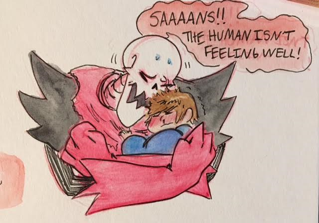 stuffedart:  Here are most of the doodles I’ve done of a sick/injured Frisk being