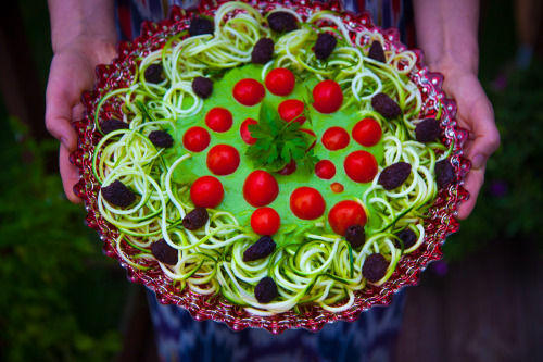 Olenko’s Raw Vegan Pasta with Pesto and Garden Tomatoes  I have beautiful baby tomatoes growing on m